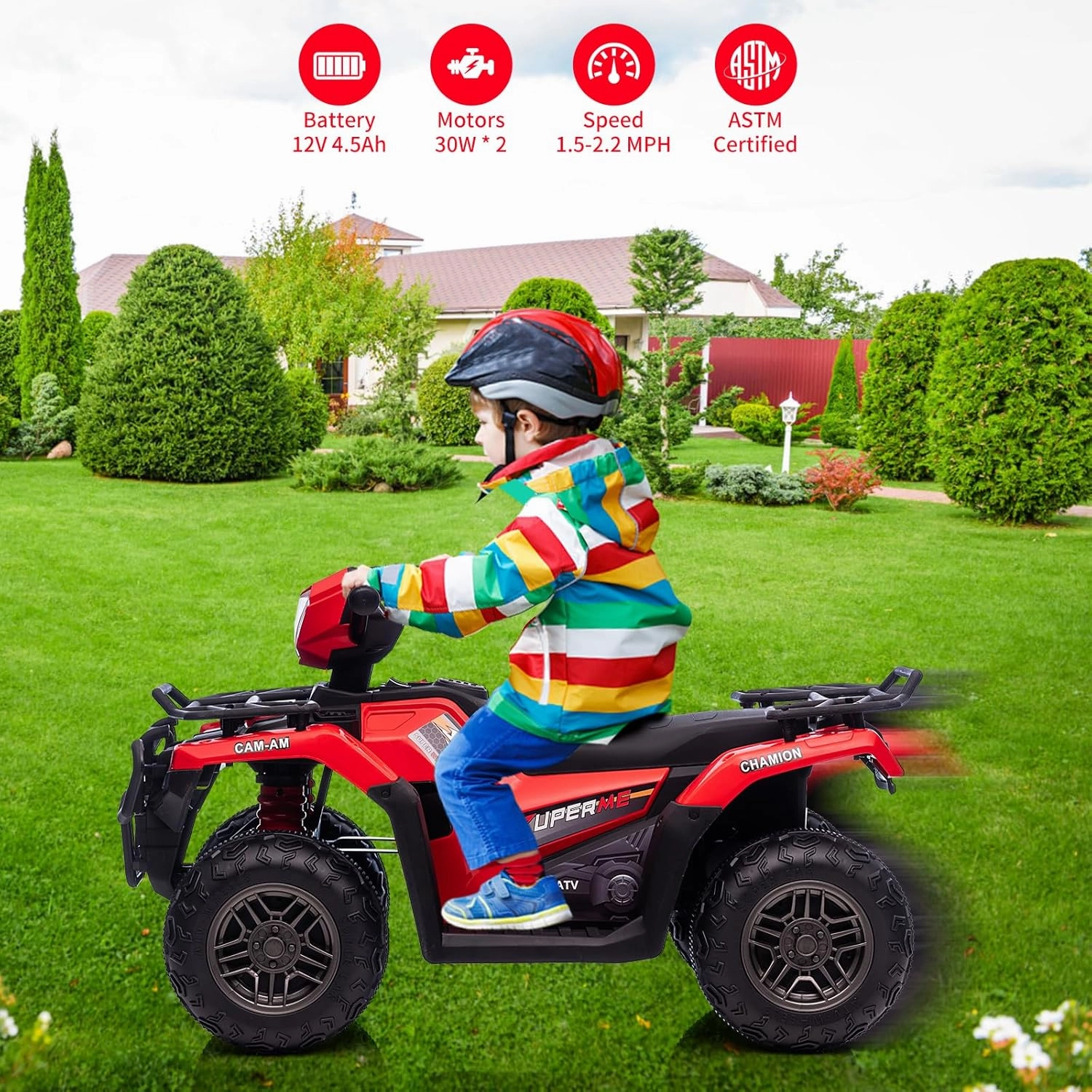 Kids Ride On ATV, 12V Kids 4 Wheeler Battery Powered Toy Car for Toddlers， w/Led Lights, High & Low Speed, Horn, Music, USB, Forward & Backward,Ride On Four Wheeler Quad for Boys & Girl-Red