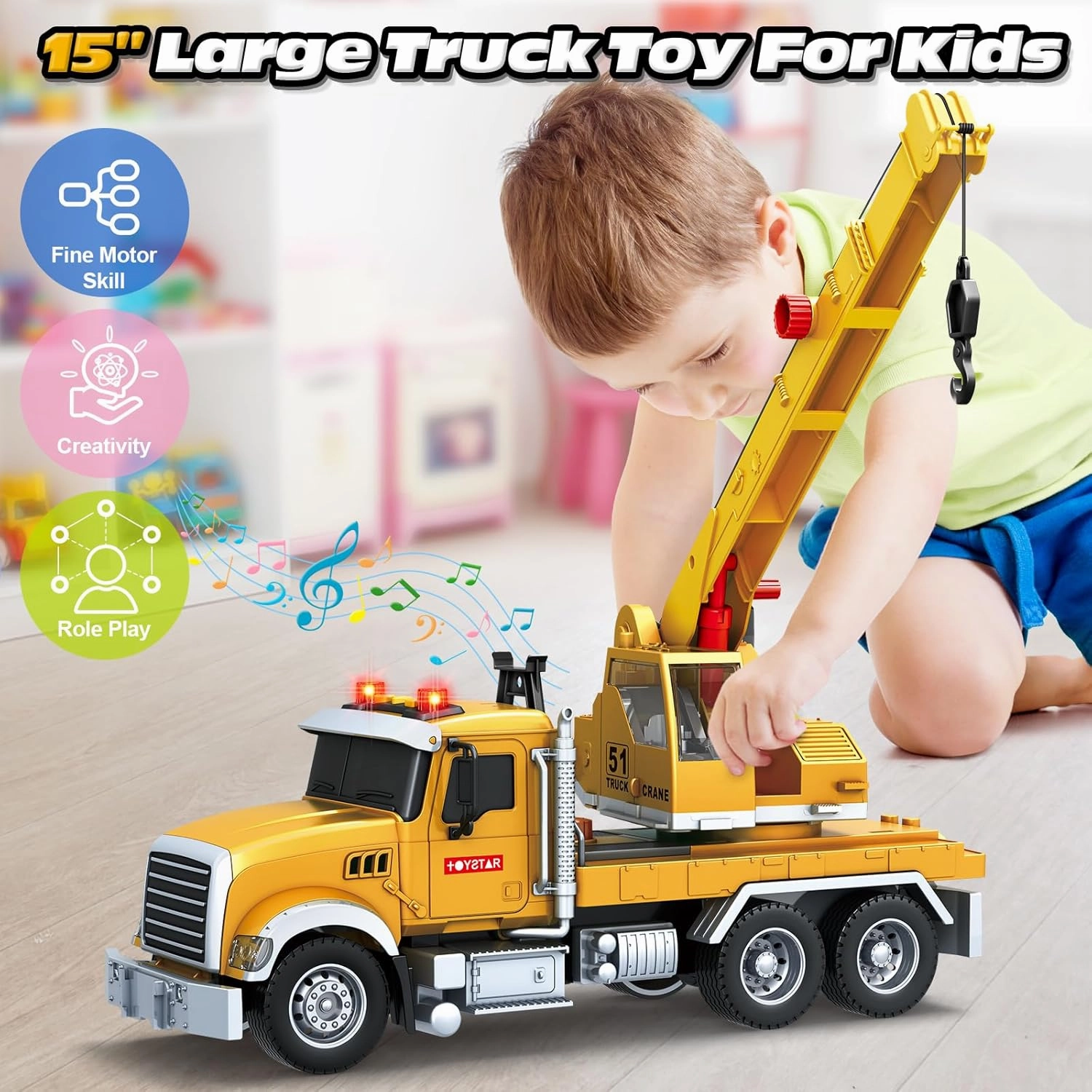 Kids Toys for 3 4 5 6 7 8 Years Old Boys, Crane Truck Toy with Lights, Sounds, Toddler Friction Powered Truck Vehicle Toy for Boys Girls Chrismas Birthday Gifts
