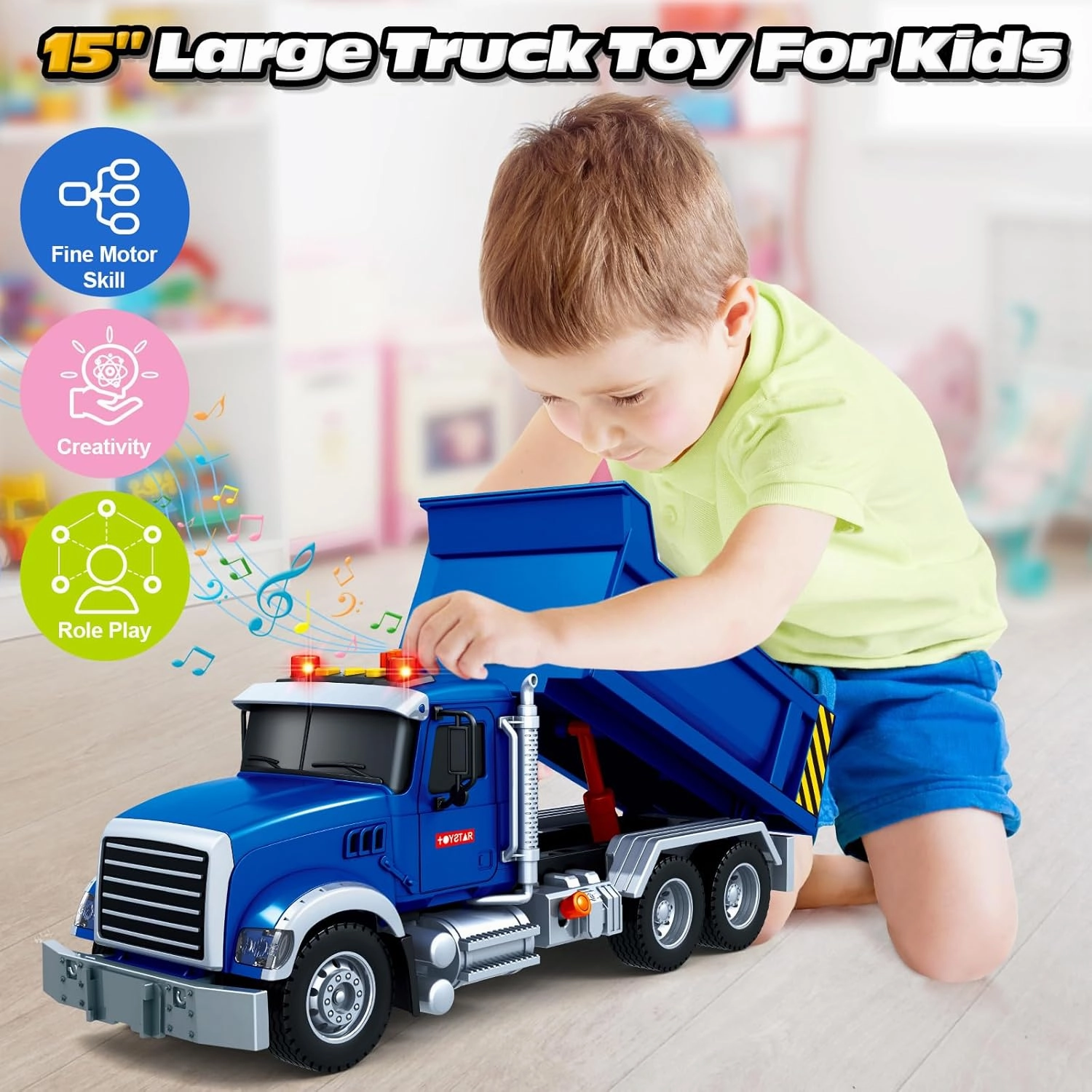 Kids Toys for 3 4 5 6 7 8 Years Old Boys, Large Dump Truck Toy with Lights, Sounds, Blue Toddler Friction Powered Truck Vehicle Toy for Boys Girls Birthday Gifts