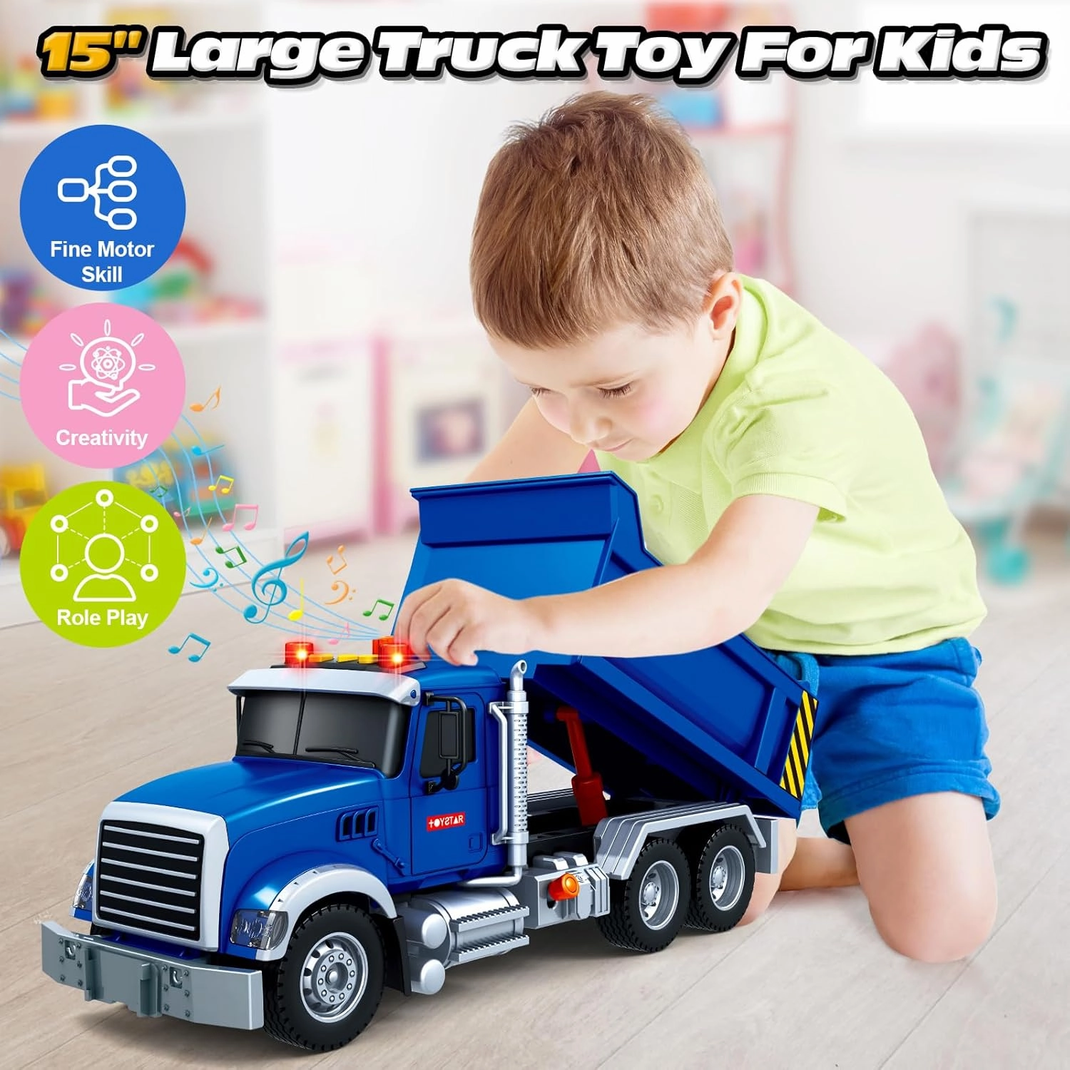 Kids Toys for 3 4 5 6 7 8 Years Old Boys, Large Dump Truck Toy with Lights, Sounds, Blue Toddler Friction Powered Truck Vehicle Toy for Boys Girls Birthday Gifts