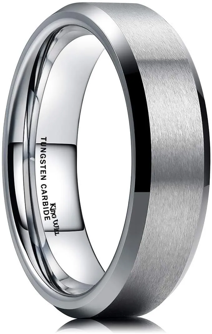 King Will Tungsten Men's Wedding Ring - Available in 6mm to 10mm, Black/Silver, Matte Finish, Beveled Polished Edge, Comfort Fit