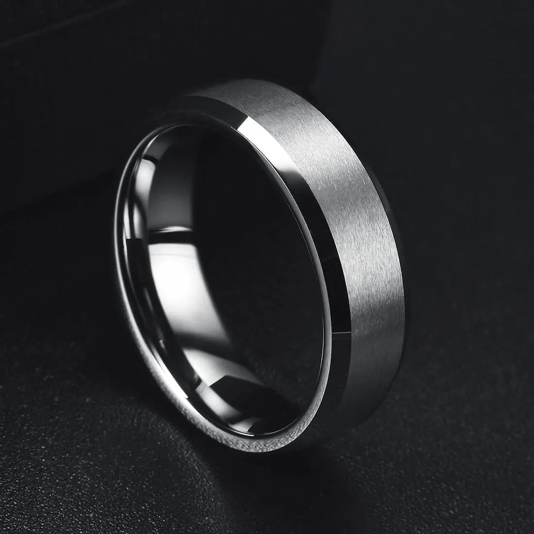 King Will Tungsten Men's Wedding Ring - Available in 6mm to 10mm, Black/Silver, Matte Finish, Beveled Polished Edge, Comfort Fit