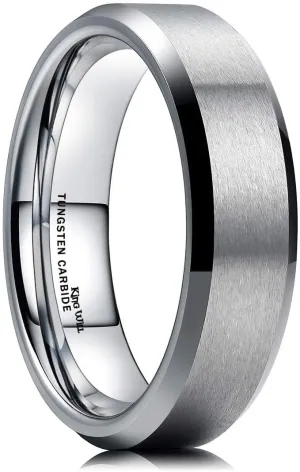 King Will Tungsten Men's Wedding Ring - Available in 6mm to 10mm, Black/Silver, Matte Finish, Beveled Polished Edge, Comfort Fit