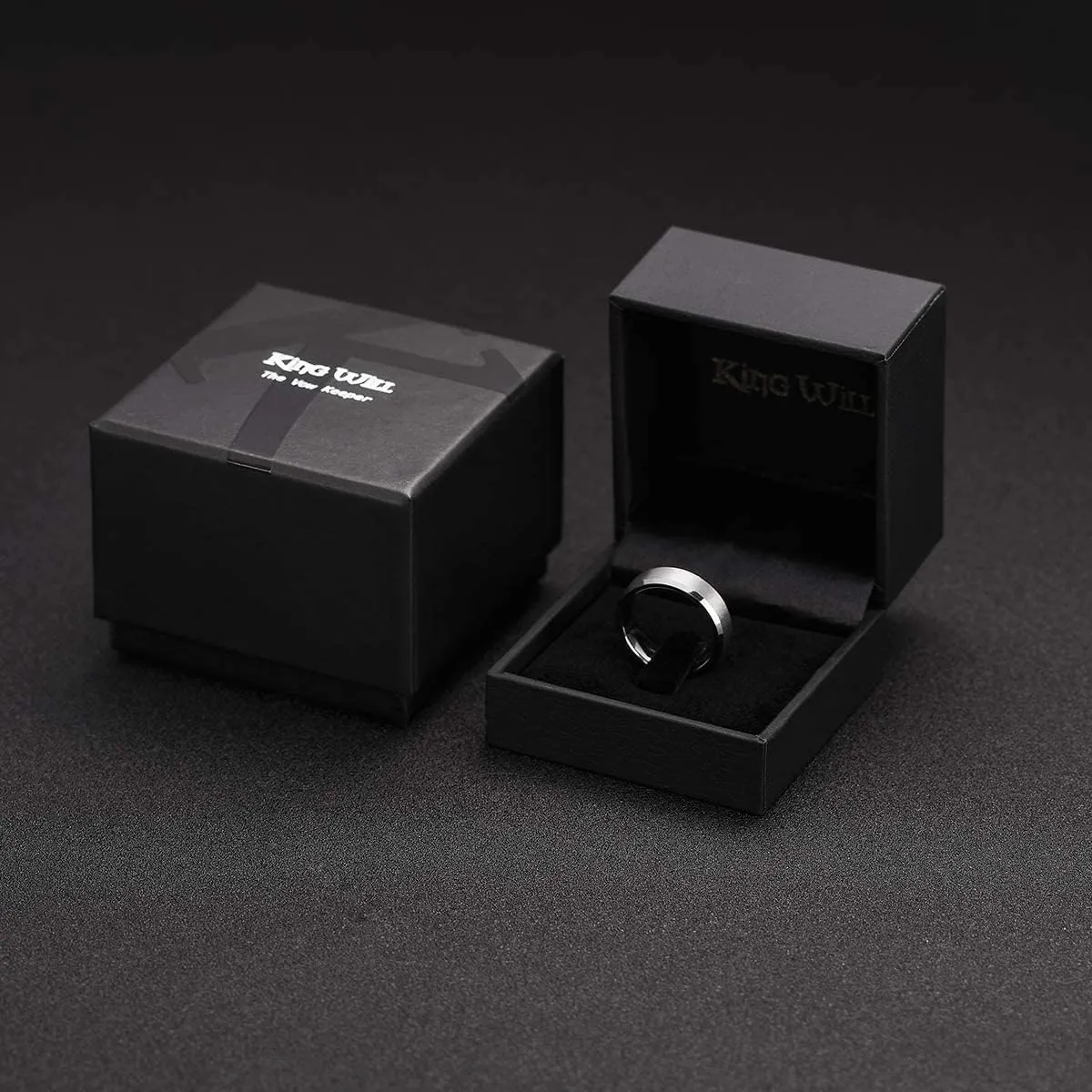 King Will Tungsten Men's Wedding Ring - Available in 6mm to 10mm, Black/Silver, Matte Finish, Beveled Polished Edge, Comfort Fit