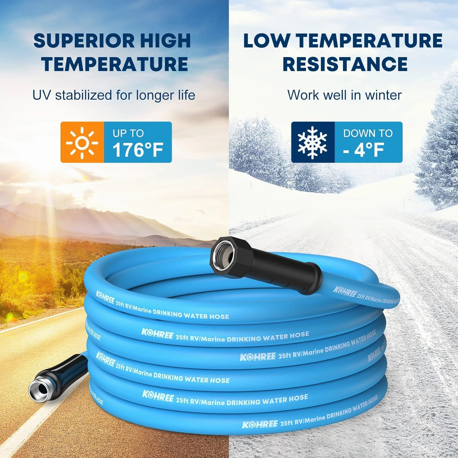 Kohree 25FT RV Water Hose with Storage Bag, 5/8'' Premium Drinking Water Hose Leak Free, No Kink and Flexible Garden Hose for RV, Camper, Truck, Car - Blue