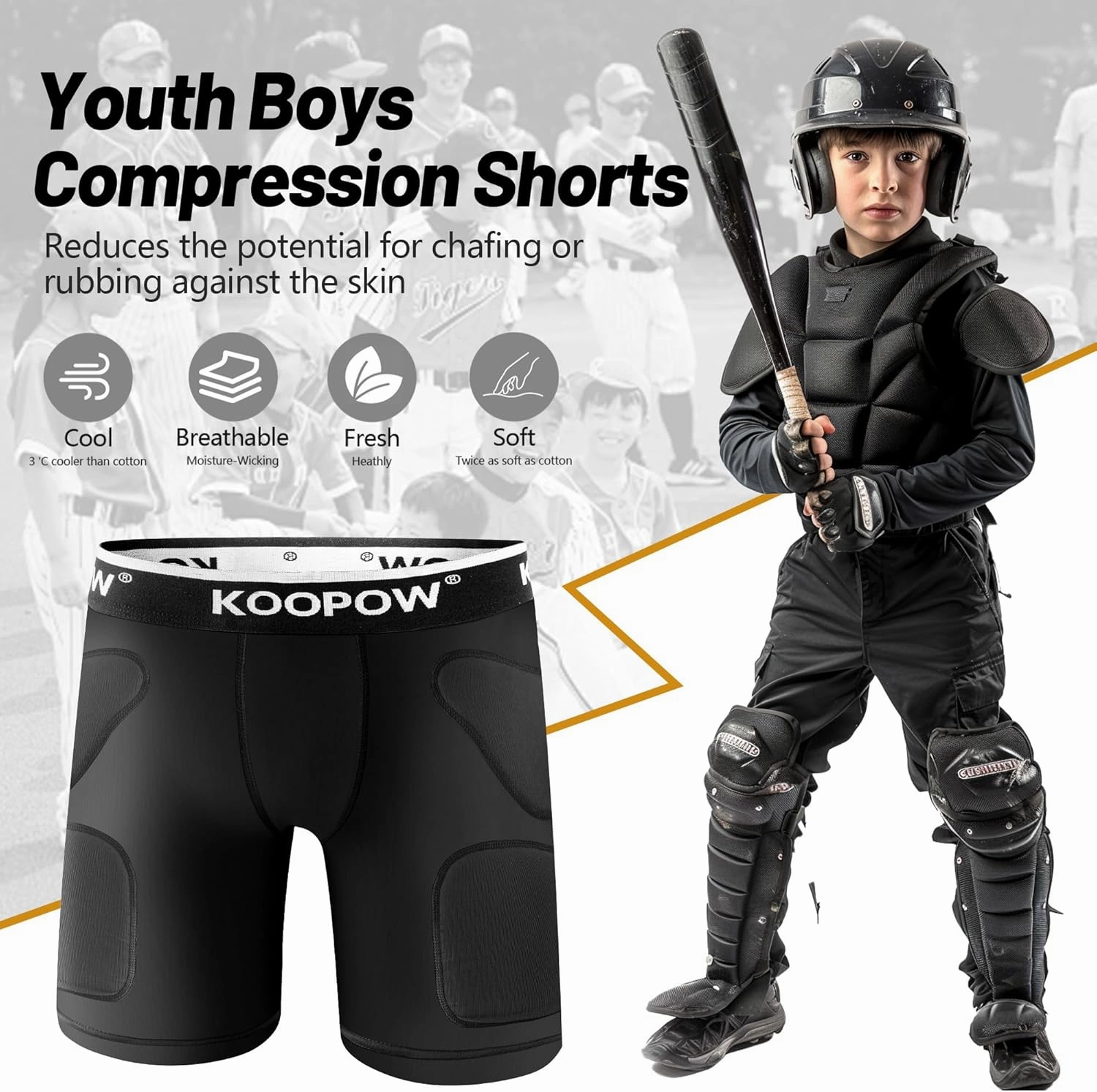 KOOPOW Youth Boys Padded Sliding Shorts Slider Pad with Soft Protective Athletic Cup for Baseball, Football, Lacrosse