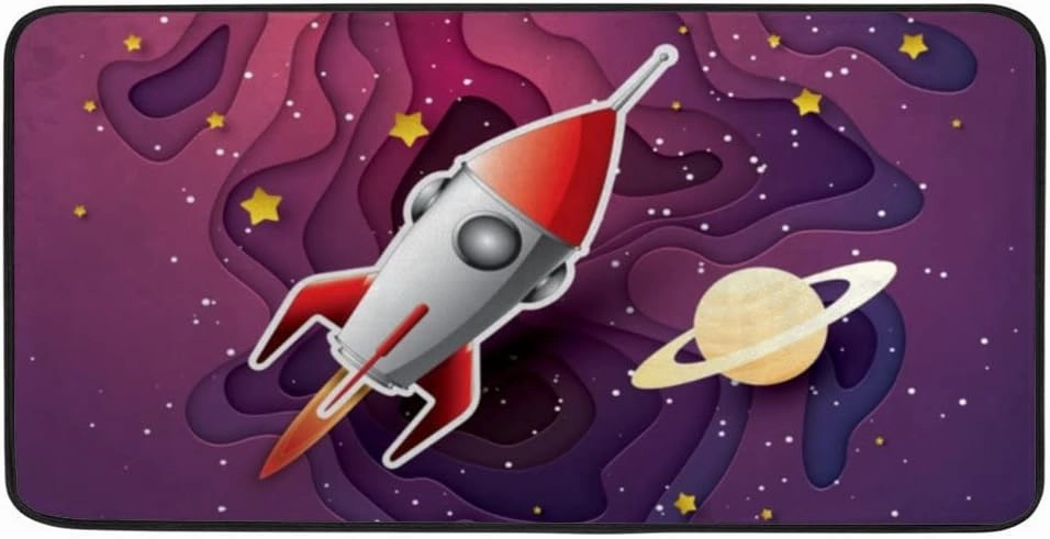 Kuizee Kitchen Runner Area Rug Kitchen Mat Craft Style Space Rocket Galaxy Cartoon Bathroom Hallway Entry Way Floor Non Slip Soft Water Absorbent 39×20 Inch