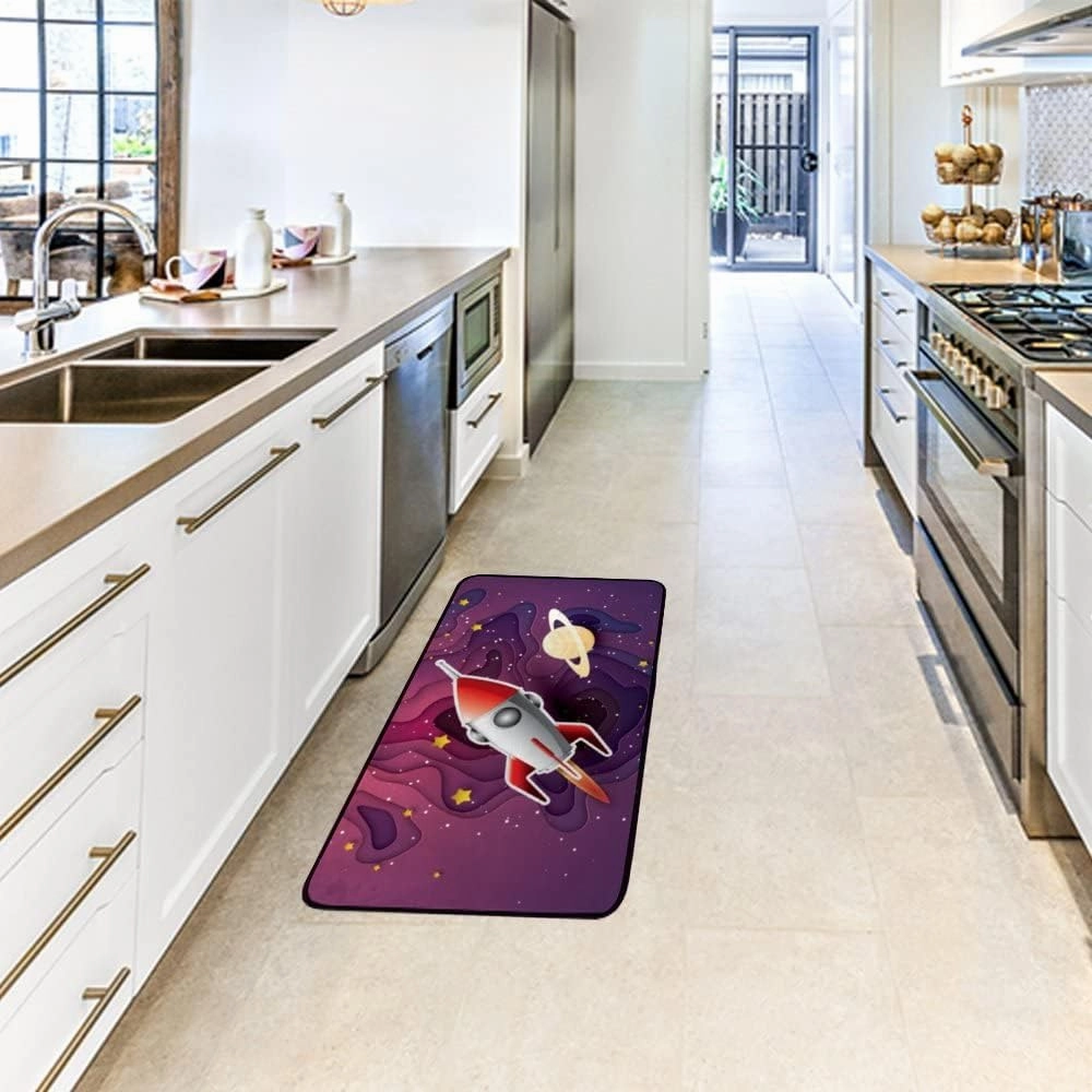 Kuizee Kitchen Runner Area Rug Kitchen Mat Craft Style Space Rocket Galaxy Cartoon Bathroom Hallway Entry Way Floor Non Slip Soft Water Absorbent 39×20 Inch