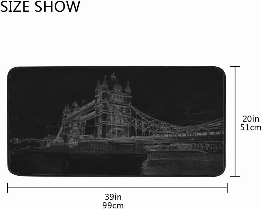 Kuizee Kitchen Runner Area Rug Kitchen Mat Pencil Drawn Tower Bridge Black Bathroom Hallway Entry Way Floor Non Slip Soft Water Absorbent 39×20 Inch