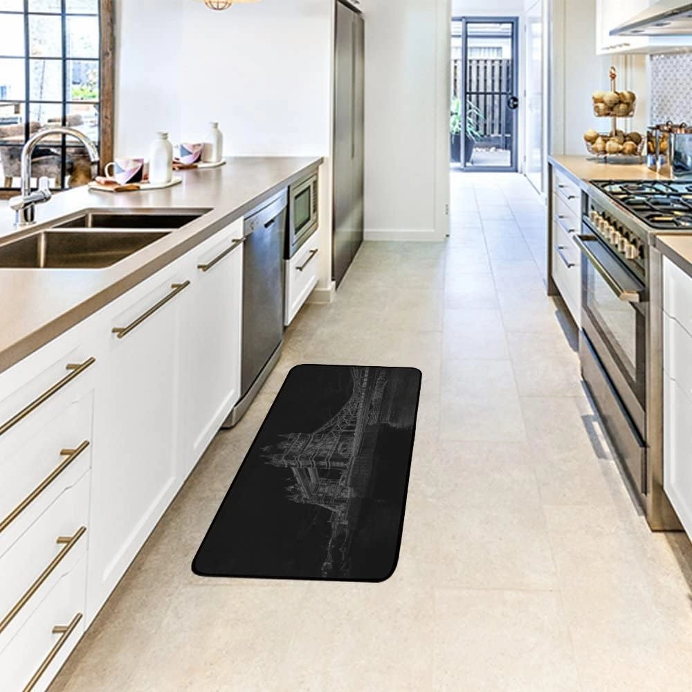Kuizee Kitchen Runner Area Rug Kitchen Mat Pencil Drawn Tower Bridge Black Bathroom Hallway Entry Way Floor Non Slip Soft Water Absorbent 39×20 Inch