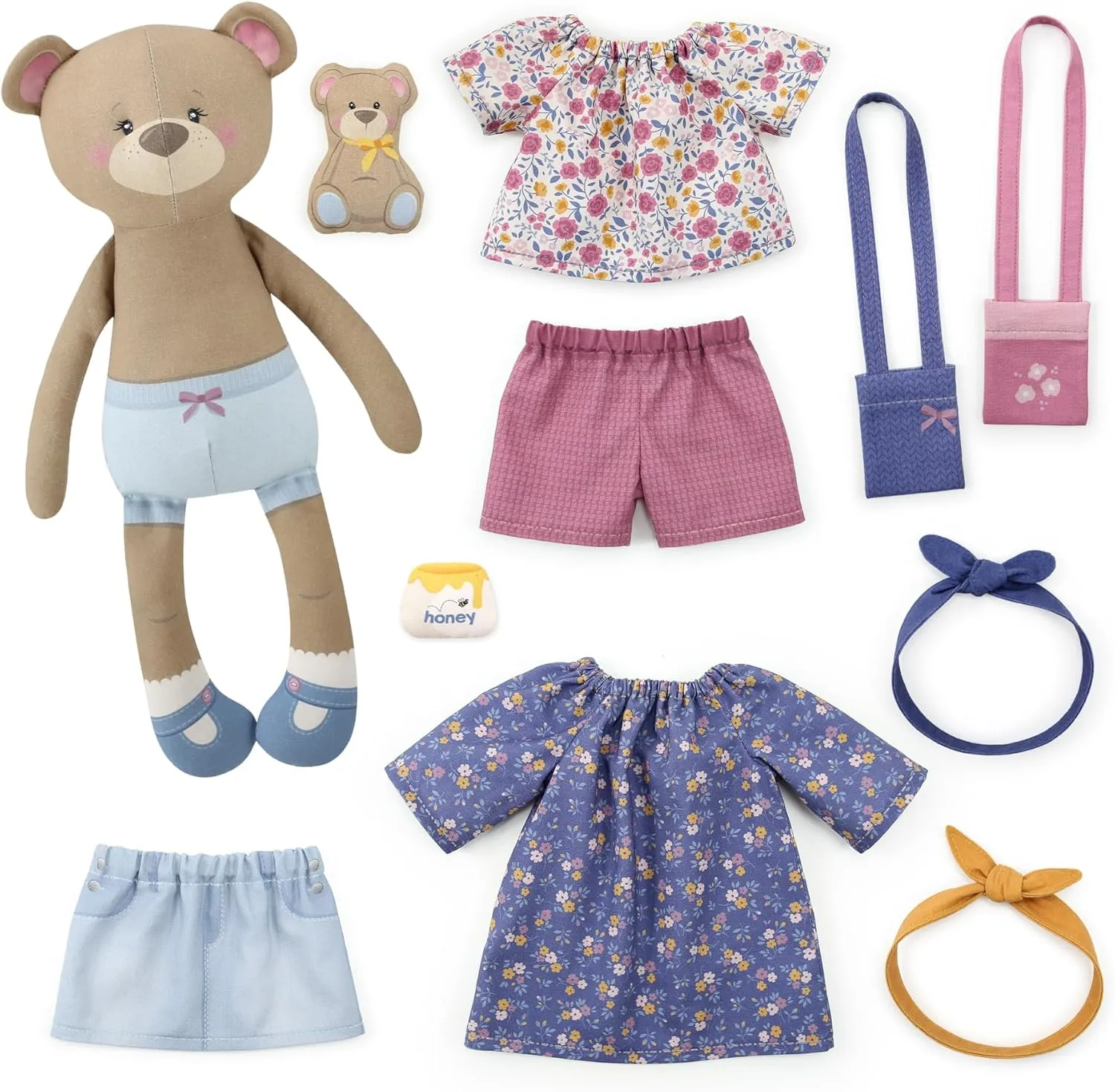 kullaloo Cut & Sew Fabric Panel – DIY Rag Doll Kit with Clothes - Betsy Bear Sewing Project for Teens & Beginners - Includes Pre-Printed Patterns & Video Instructions