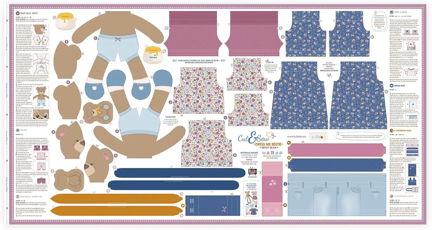 kullaloo Cut & Sew Fabric Panel – DIY Rag Doll Kit with Clothes - Betsy Bear Sewing Project for Teens & Beginners - Includes Pre-Printed Patterns & Video Instructions