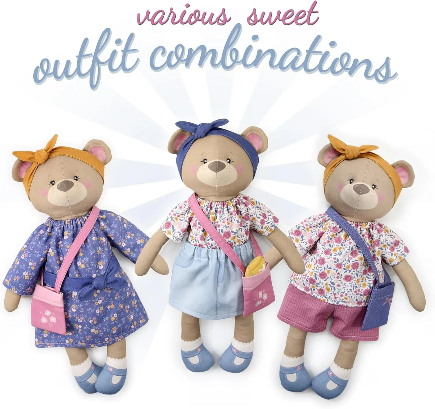kullaloo Cut & Sew Fabric Panel – DIY Rag Doll Kit with Clothes - Betsy Bear Sewing Project for Teens & Beginners - Includes Pre-Printed Patterns & Video Instructions