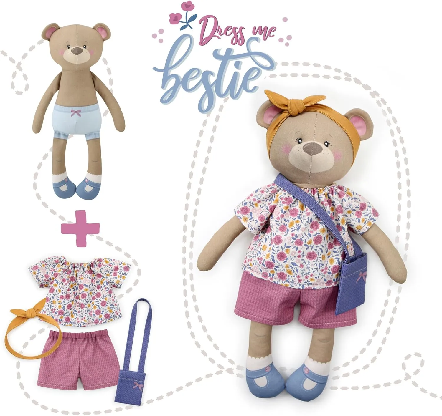 kullaloo Cut & Sew Fabric Panel – DIY Rag Doll Kit with Clothes - Betsy Bear Sewing Project for Teens & Beginners - Includes Pre-Printed Patterns & Video Instructions
