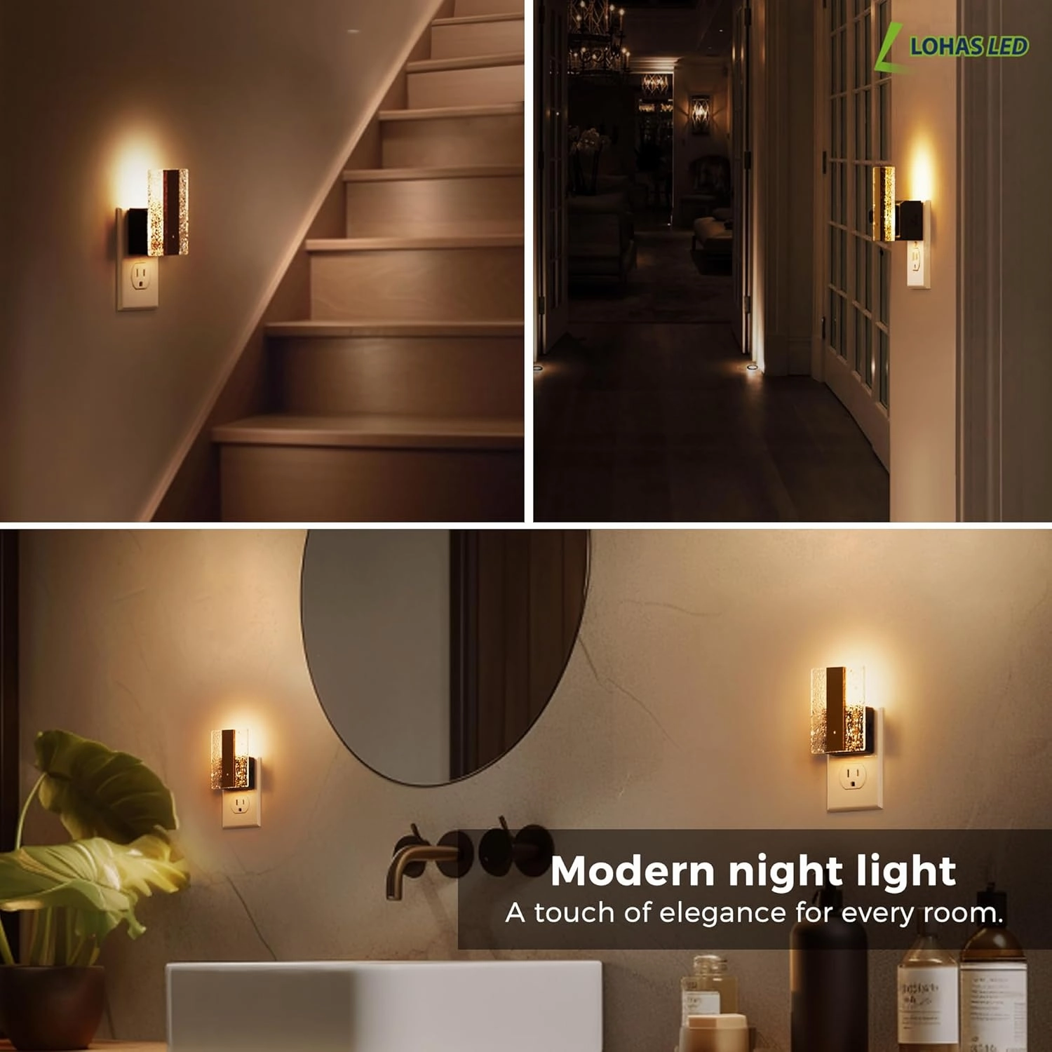 L LOHAS LED Night Lights Plug Into Wall, 2 Pack Night Light with Dusk-to-Dawn Sensor, Dimmable Decorative LED Nightlights, 0-100LM 3000K Adjustable Brightness for Bathroom, Hallway, Bedroom,Stairway