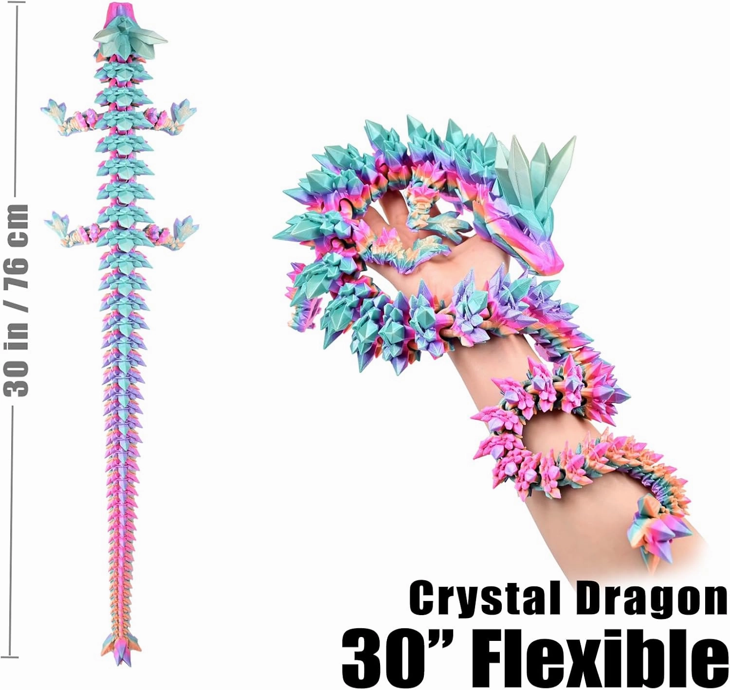 Large 30" 3D Printed Dragon, Articulated 3D Dragon Toys, Long Crystal Dragon Rainbow Color Change