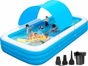 Large Inflatable Pool with Canopy, 145'' x 74'' x 22'' Inflatable Swimming Pool for Adults, Oversized 0.6MM Thickened Family Blow Up Pool for Backyard, Garden and Outdoor Fun