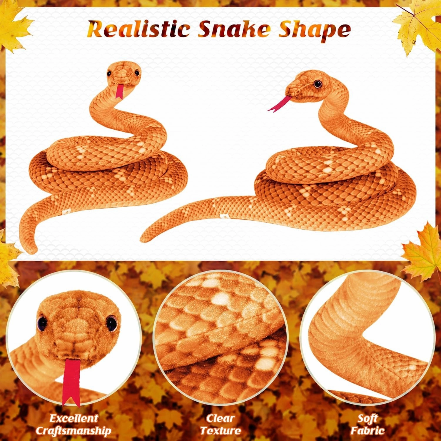 Large Lifelike Plush Snake, 71 in Giant Stuffed Animal for Kids, Brown