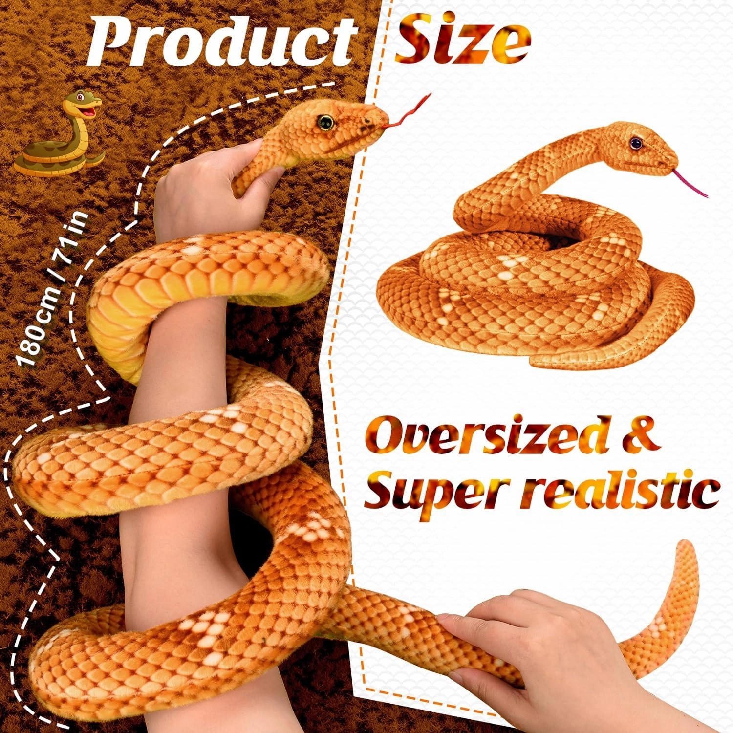 Large Lifelike Plush Snake, 71 in Giant Stuffed Animal for Kids, Brown