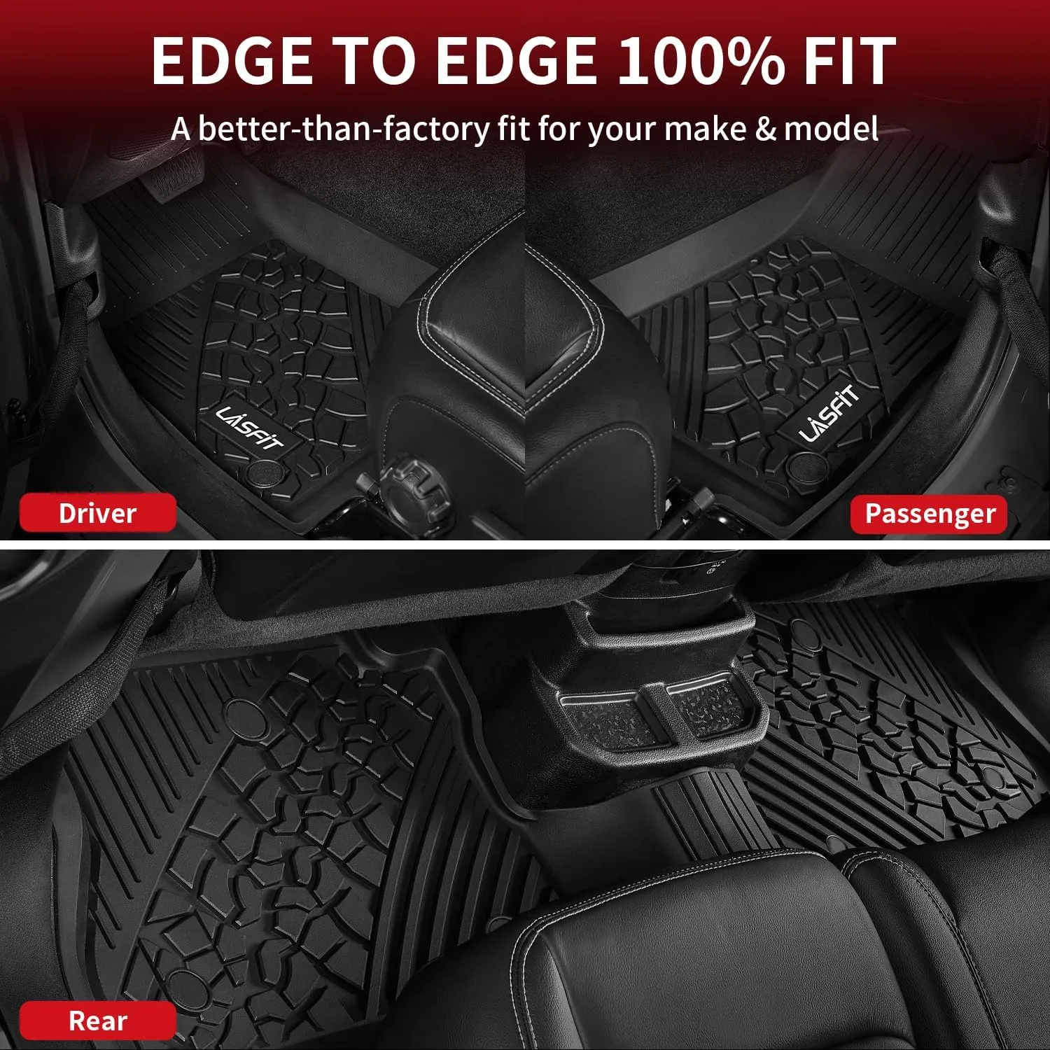 LASFIT Floor Mats for Jeep Wrangler JL 2018-2025 Unlimited 4 Door Only (Not Fit for JK or 4XE) All Weather TPE Custom Fit Car Mats Floor Liners 1st & 2nd Row, Black