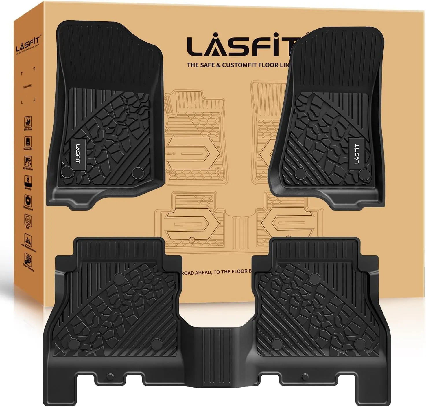 LASFIT Floor Mats for Jeep Wrangler JL 2018-2025 Unlimited 4 Door Only (Not Fit for JK or 4XE) All Weather TPE Custom Fit Car Mats Floor Liners 1st & 2nd Row, Black