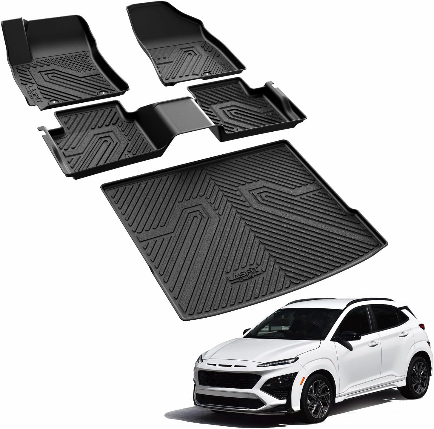 LASFIT Floor Mats & Cargo Mats Fits for Hyundai Kona 2025 2024 (Not for EV), All Weather TPE Custom Fit Floor Liners for 1st and 2nd Rows Car Mats & Trunk Mats, Black