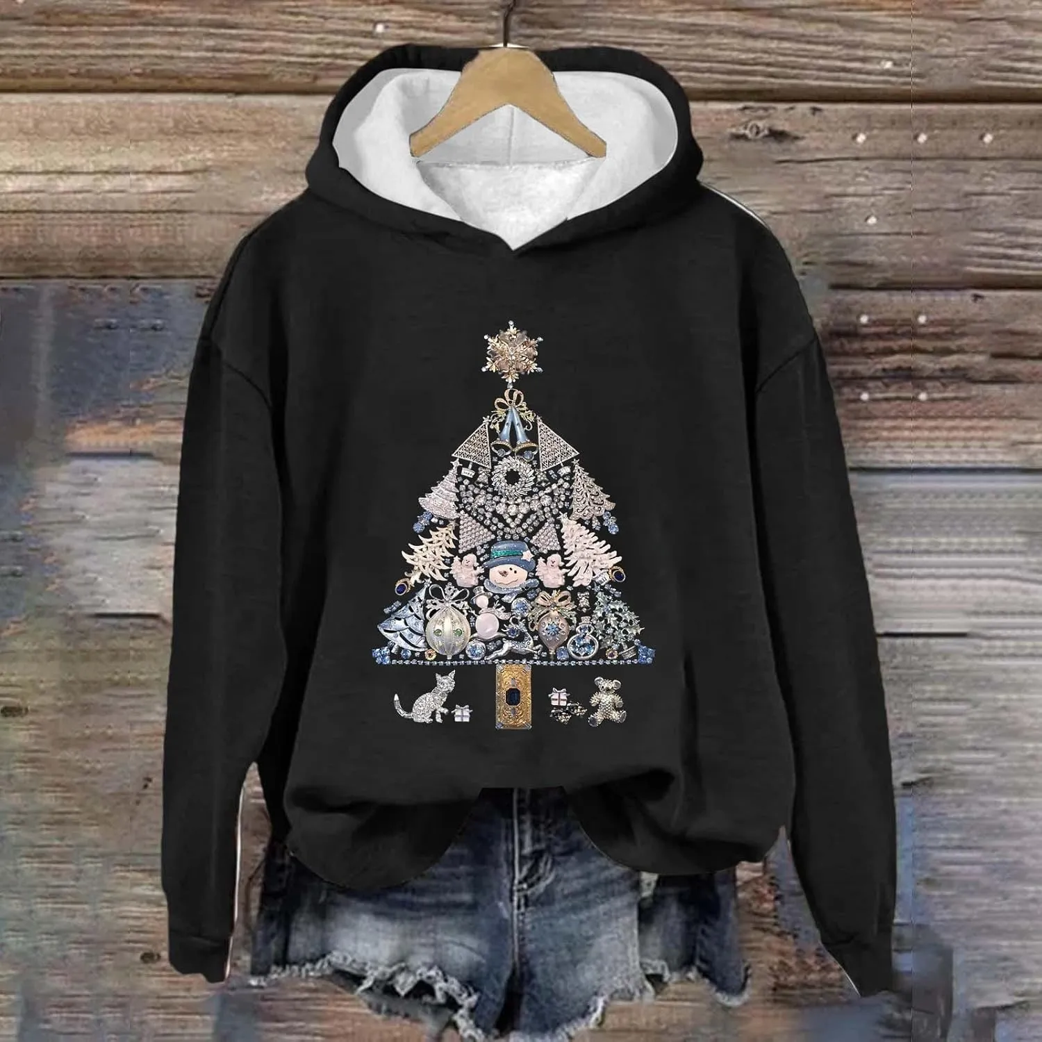 LCMTWX Women's Graphic Hoodies Color Crew Neck Sleeved Christmas Print Hoodie Midweight Long Sleeve Hoodie For Women Hoodie F