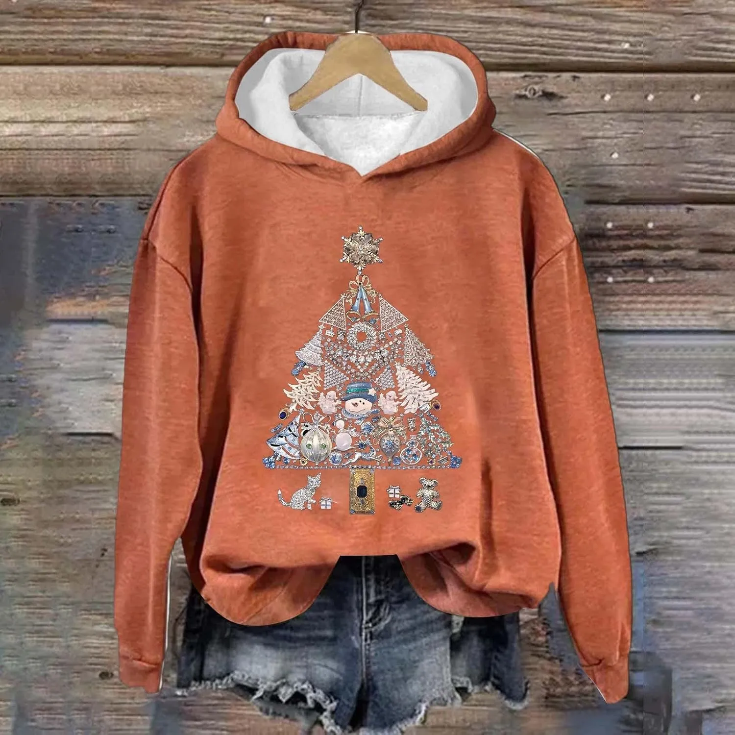 LCMTWX Women's Graphic Hoodies Color Crew Neck Sleeved Christmas Print Hoodie Midweight Long Sleeve Hoodie For Women Hoodie F