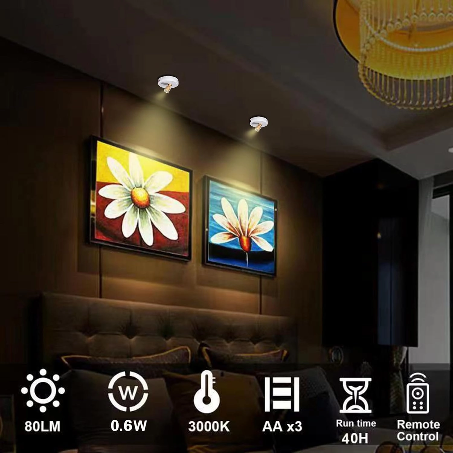 LED Spotlight, Battery Powered Picture Lights, Uplighting Indoor, Puck Lights with Remote, Stick Spot Light for Wall Display Picture Dartboard Painting Artwork Accent-2pcs