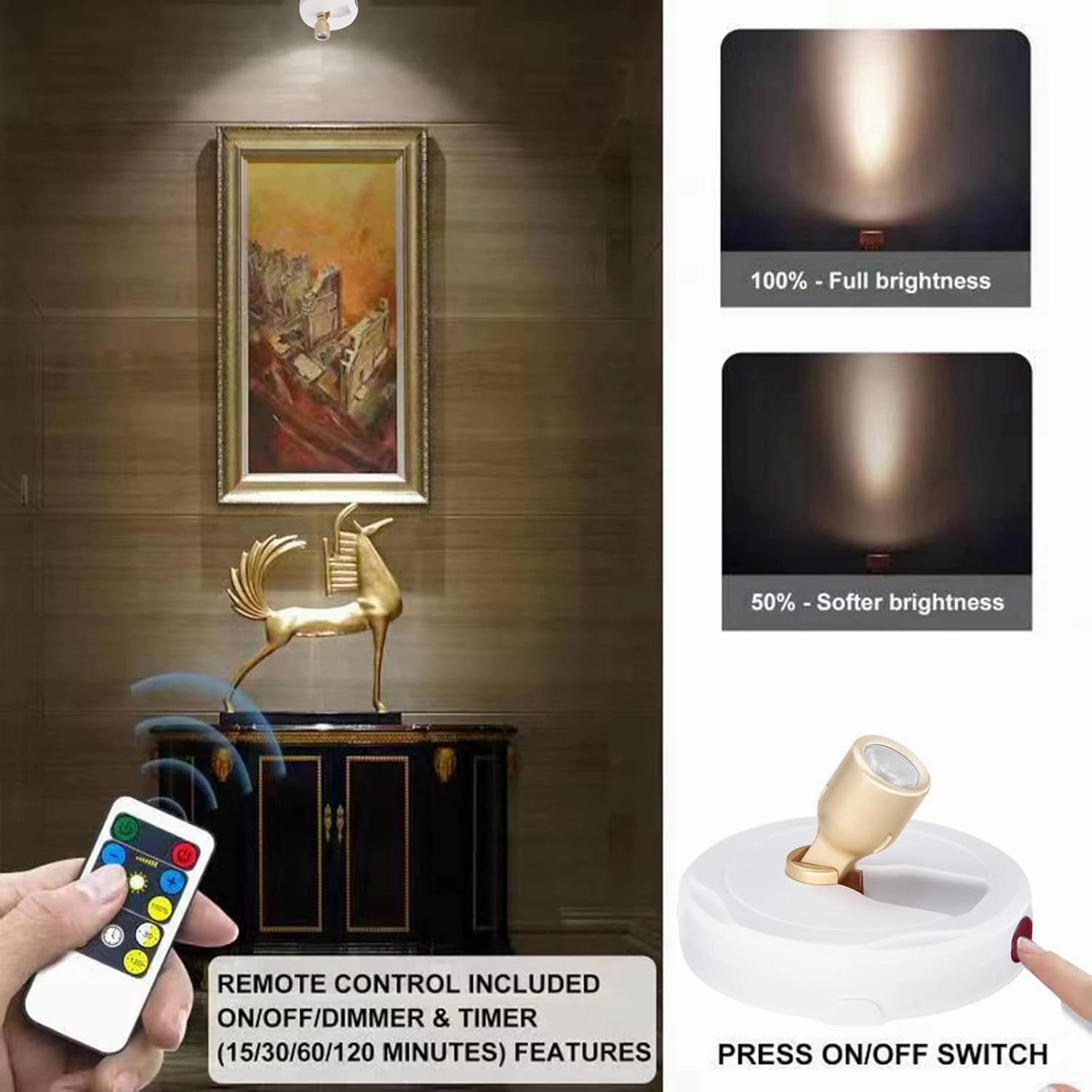 LED Spotlight, Battery Powered Picture Lights, Uplighting Indoor, Puck Lights with Remote, Stick Spot Light for Wall Display Picture Dartboard Painting Artwork Accent-2pcs