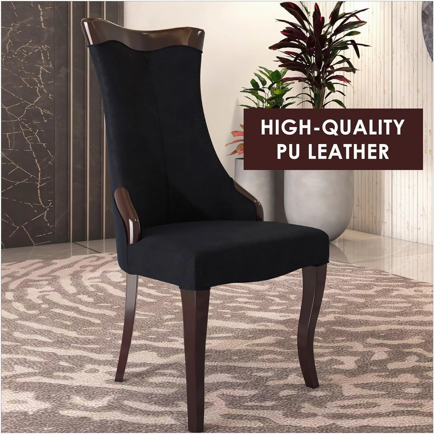 LeisureMod Modern Dining Chair Upholstered in Leather Cozy Accent Kitchen with Rubberwood Legs Novara Series, Velvet Black