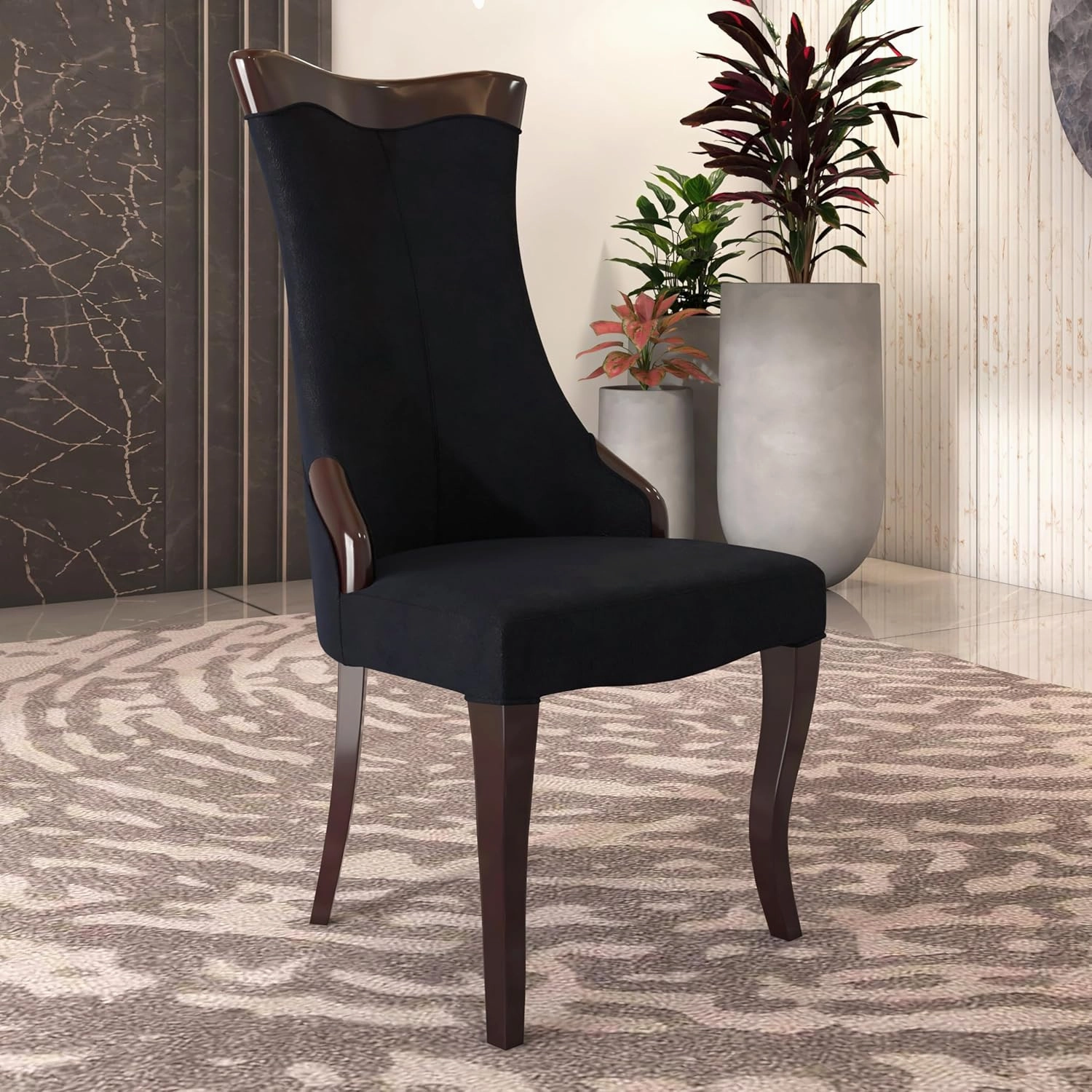 LeisureMod Modern Dining Chair Upholstered in Leather Cozy Accent Kitchen with Rubberwood Legs Novara Series, Velvet Black