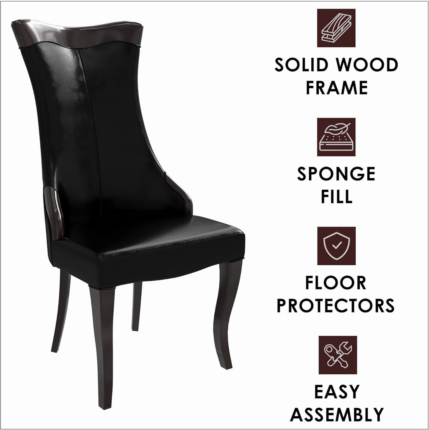 LeisureMod Modern Dining Chair Upholstered in Leather or Velvet Cozy Accent Kitchen with Rubberwood Legs Novara Series, Black
