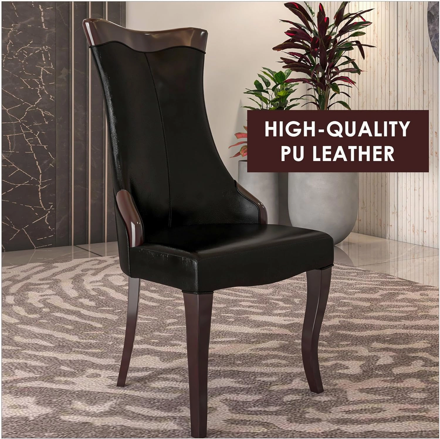 LeisureMod Modern Dining Chair Upholstered in Leather or Velvet Cozy Accent Kitchen with Rubberwood Legs Novara Series, Black
