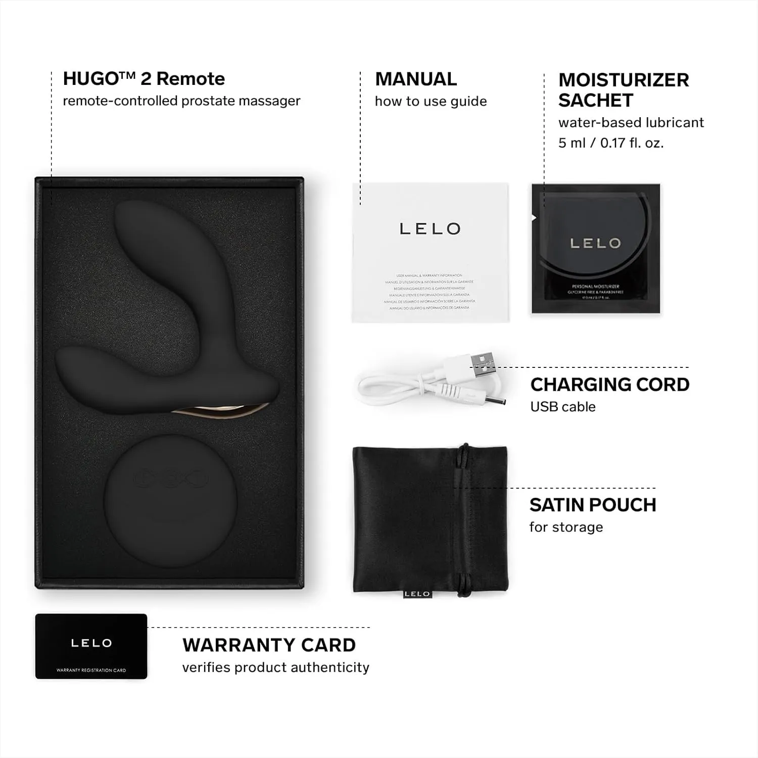LELO Hugo 2 Remote Prostate Vibrator, Male Sex Toy for Men, Wireless Prostate Massager with Intense Vibrations, Discreet Mens Vibrator, Premium Prostate Toy, Black