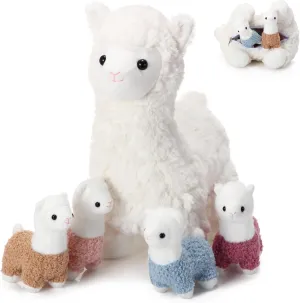 Lenwen 5 Pcs Llama Stuffed Animal Llama with Babies 14 Inch Mommy Alpaca with 4 Cute Plush Babies in Her Belly Soft Cuddly Plushie for Toddler Boy Girl Birthday Gift Party Favors