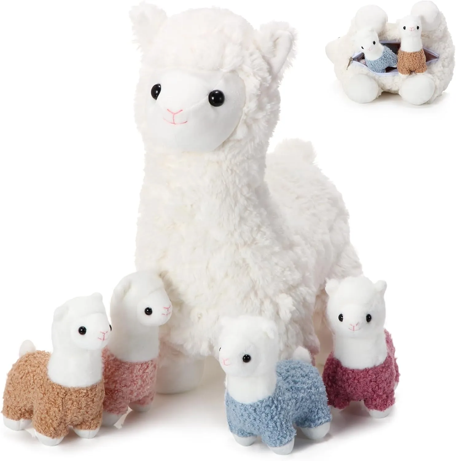 Lenwen 5 Pcs Llama Stuffed Animal Llama with Babies 14 Inch Mommy Alpaca with 4 Cute Plush Babies in Her Belly Soft Cuddly Plushie for Toddler Boy Girl Birthday Gift Party Favors