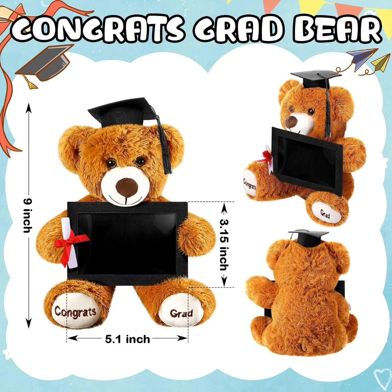 Leyndo Class of 2025 Graduation Plush Bear with Picture Frame Diploma Cap 9 Inch Congrats Grad Plush Stuffed Animal Bear Graduation Gifts for Preschool Kindergarten College Masters(Black)