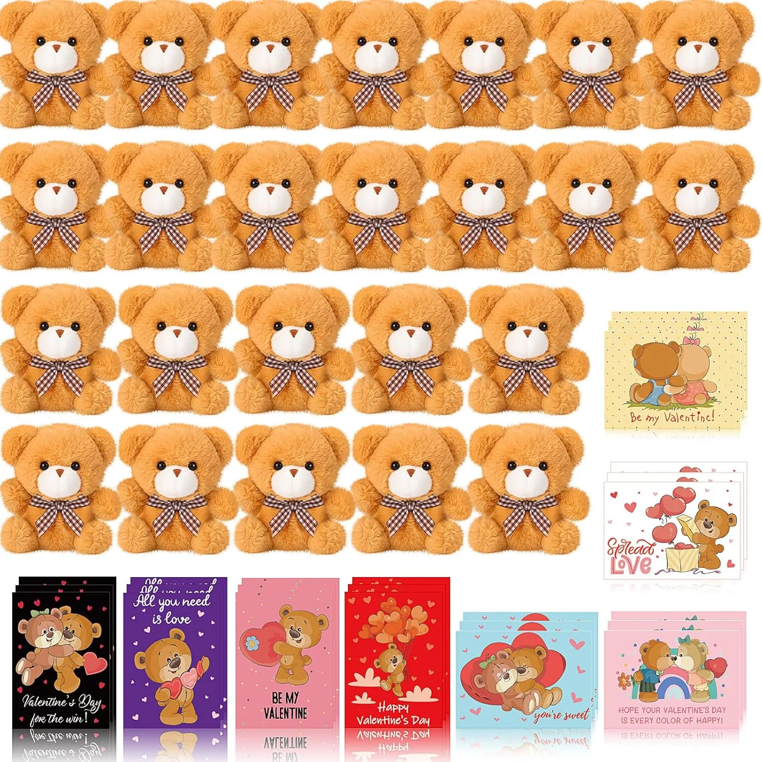 Libima 48 Pcs Valentine Gifts 24 Mini Brown Bears Bulk and 24 Blessing Cards Small Bear Stuffed Animals Plush Party Favors Set for Boys Girls Classroom Exchange Gifts(Plain Style)