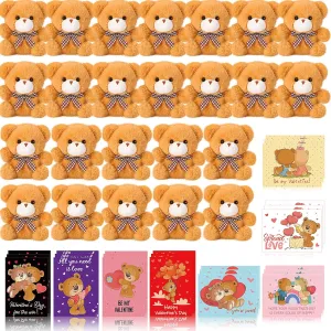 Libima 48 Pcs Valentine Gifts 24 Mini Brown Bears Bulk and 24 Blessing Cards Small Bear Stuffed Animals Plush Party Favors Set for Boys Girls Classroom Exchange Gifts(Plain Style)