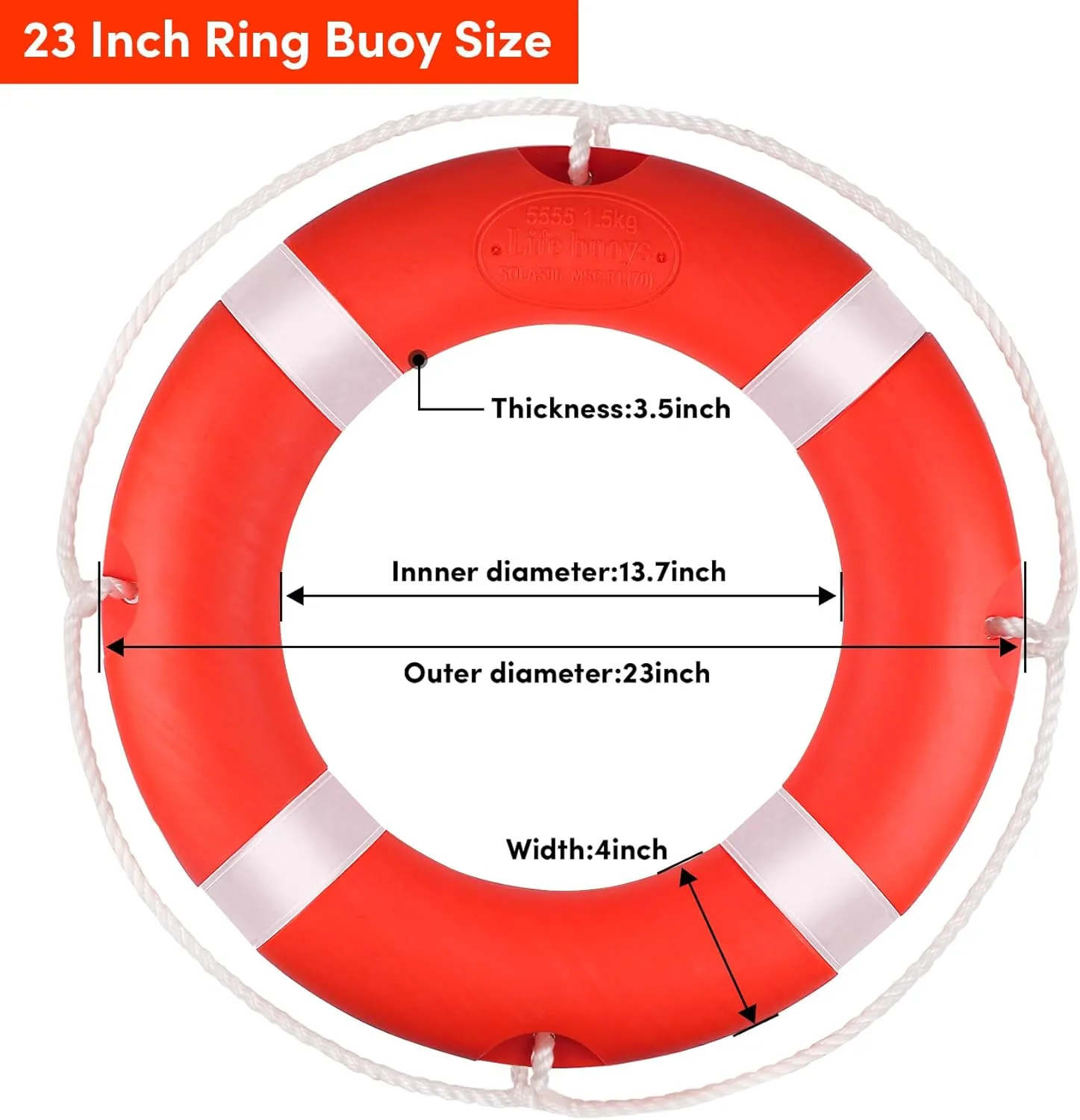 Life Ring 23"/28" Boat Safety Throw Buoy With Reflective Tape & Grab Lines - Orange for Boats, Includes Water Floating Saving Rope and Bracket