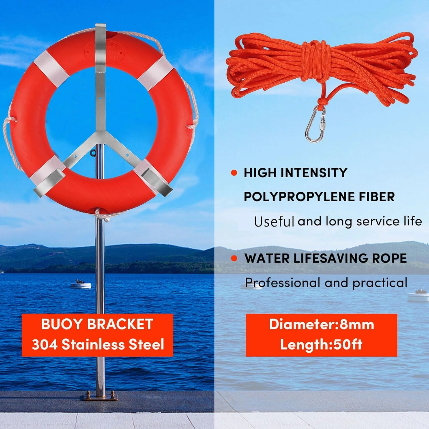 Life Ring 23"/28" Boat Safety Throw Buoy With Reflective Tape & Grab Lines - Orange for Boats, Includes Water Floating Saving Rope and Bracket