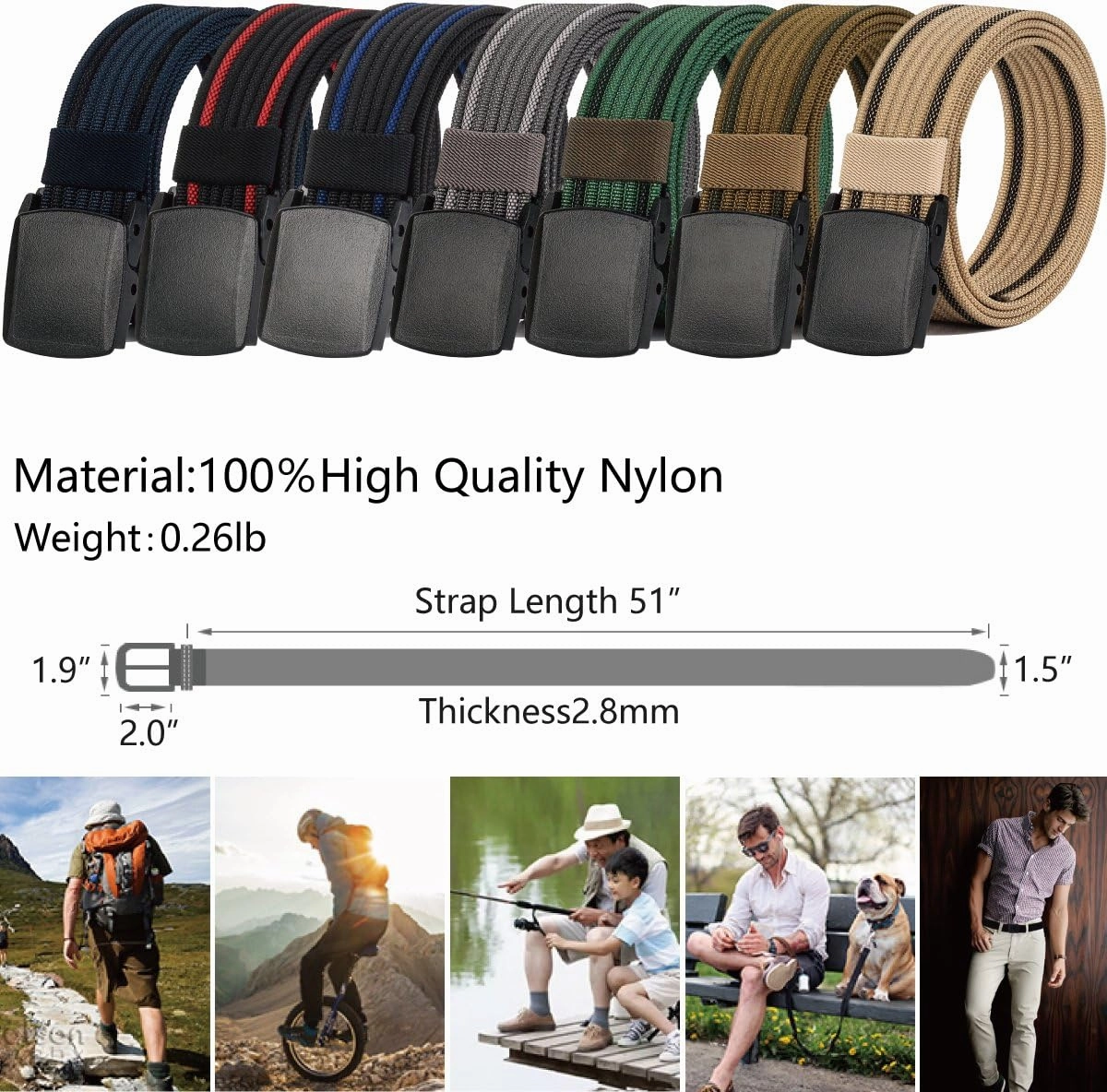 LionVII Nylon Belts Men, Breathable Web Belt with YKK Plastic Buckle Durable for Working, Trim to Fit 28-49" Waist