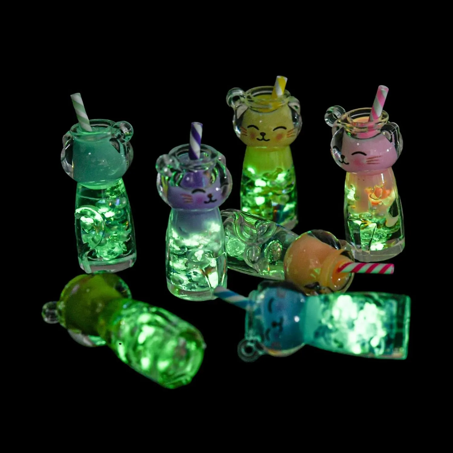 LiQunSweet 50 pcs Colorful Luminous Cat Shaped Cup Charms Lovely Kitten Drink Bottle Charms for DIY Jewelry Necklace Bracelet Earring Craft Bag Keychain