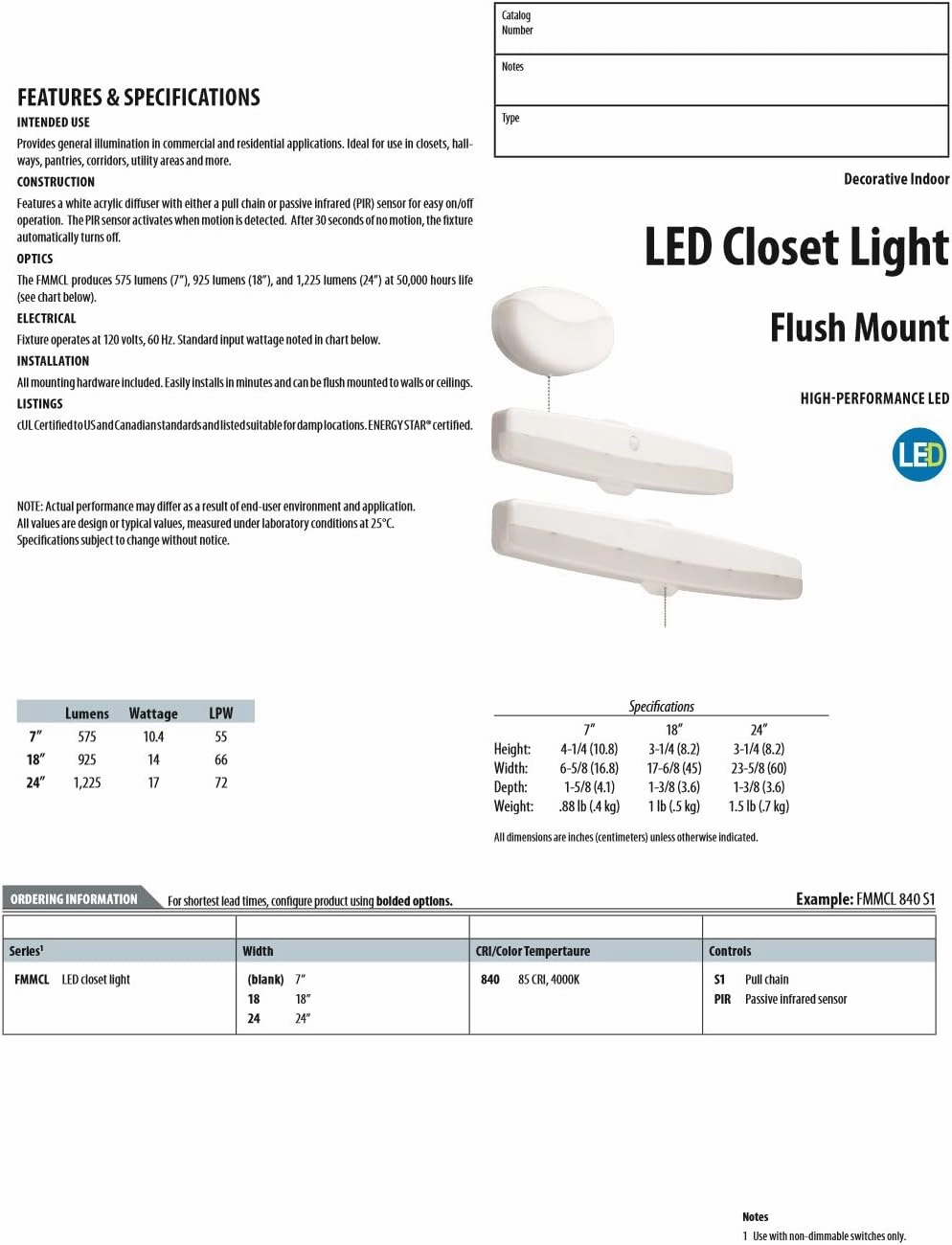 Lithonia Lighting FMMCL 24 840 S1 M4 LED Flush Mount Closet Light with Pull Chain, White, 24"