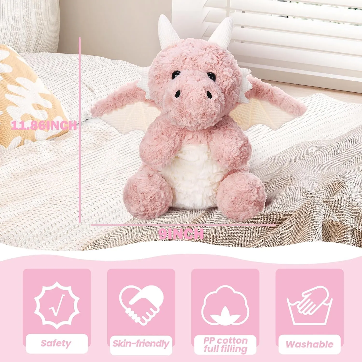 Little Flying Dragon Plush,Soft Dinosaur Stuffed Animals Pillow,Kawaii Fire Dragon Animal Plushies Toy, for Girls,11.86",Pink