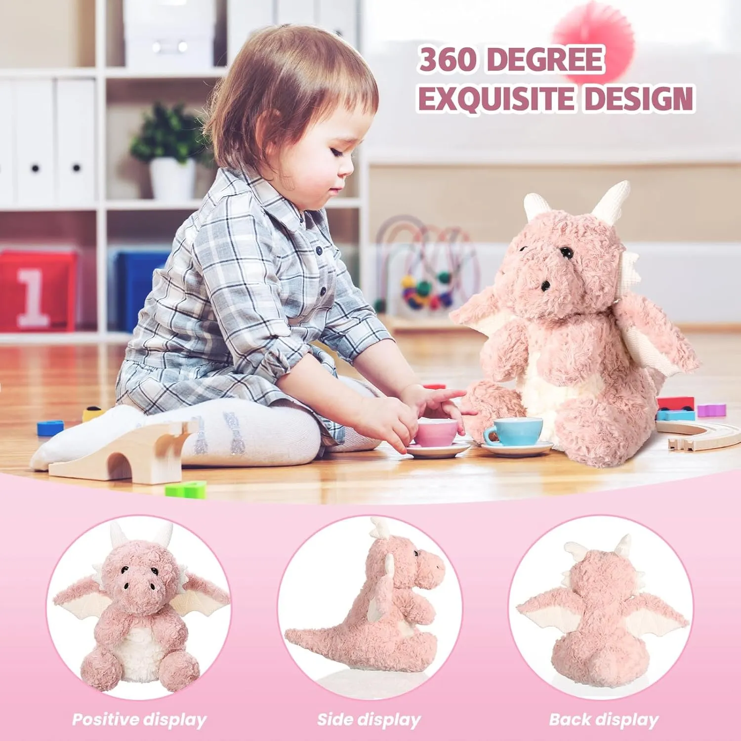 Little Flying Dragon Plush,Soft Dinosaur Stuffed Animals Pillow,Kawaii Fire Dragon Animal Plushies Toy, for Girls,11.86",Pink