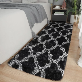 LOCHAS Luxury Shag Area Rug 2x6 Feet Geometric Plush Fluffy Rugs, Extra Soft Carpet Moroccan Rugs for Bedroom Living Room Dorm Kids, High Pile Shaggy Floor Rug Decor, Black/White