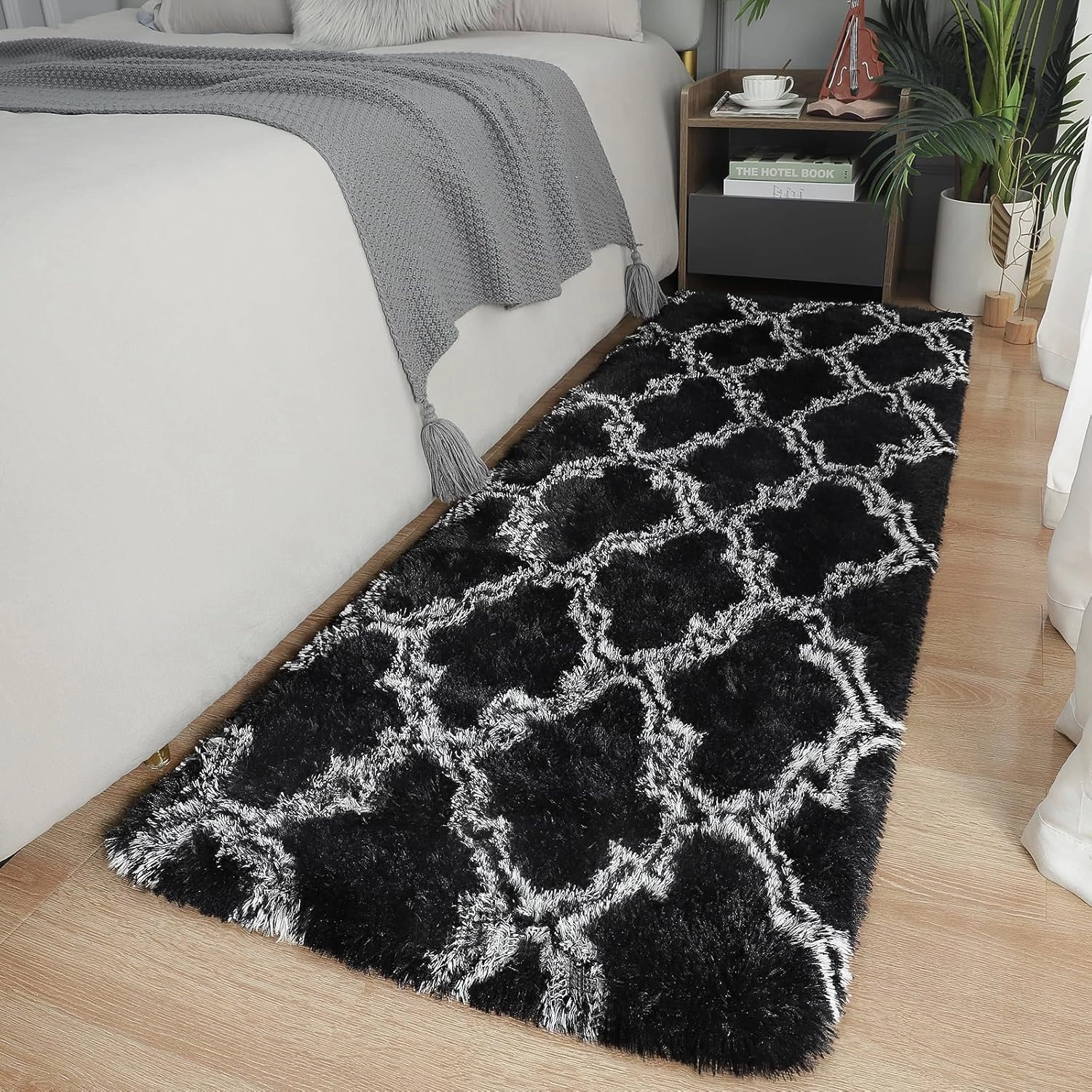 LOCHAS Luxury Shag Area Rug 2x6 Feet Geometric Plush Fluffy Rugs, Extra Soft Carpet Moroccan Rugs for Bedroom Living Room Dorm Kids, High Pile Shaggy Floor Rug Decor, Black/White