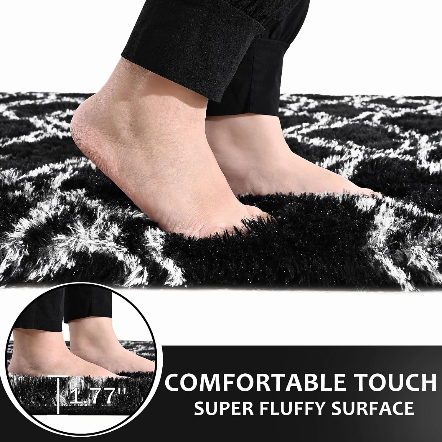 LOCHAS Luxury Shag Area Rug 2x6 Feet Geometric Plush Fluffy Rugs, Extra Soft Carpet Moroccan Rugs for Bedroom Living Room Dorm Kids, High Pile Shaggy Floor Rug Decor, Black/White